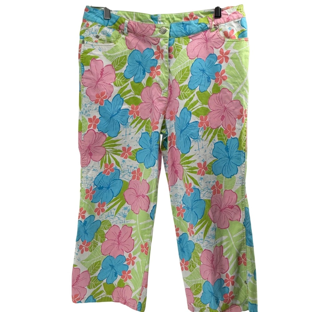 Cotton Connection Floral Capri Pants Tropical Print Bright Colors Cropped Sz 14‎